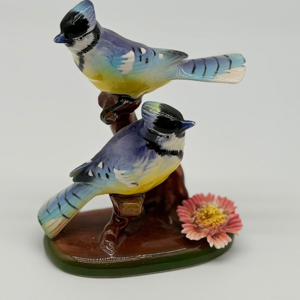Vintage Porcelain Blue Jay Pair Figurine Japan Hand Painted Glossy Bird Decor